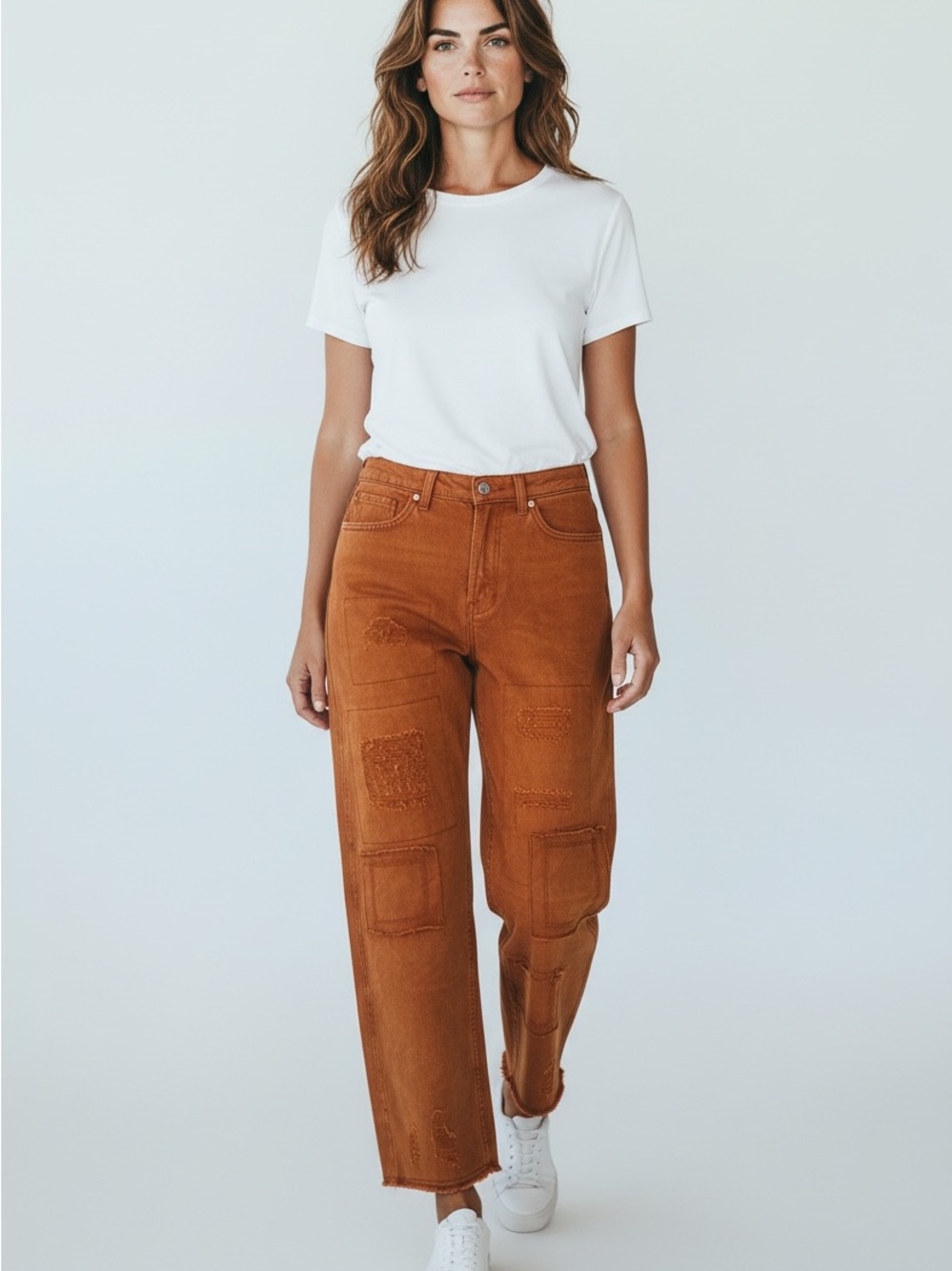 POL Straight-Leg Patchwork Jeans in Rust